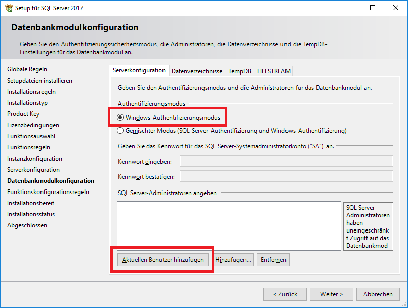 Administrator bei der Windows-Authentifizierung